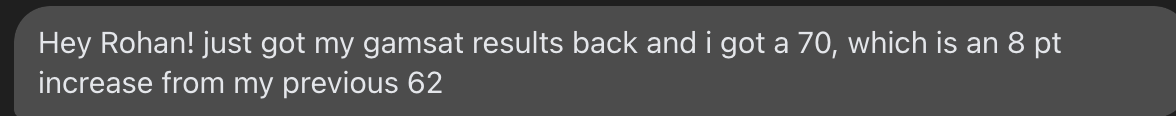Student message screenshot saying they improved their GAMSAT result from 62 to 70.